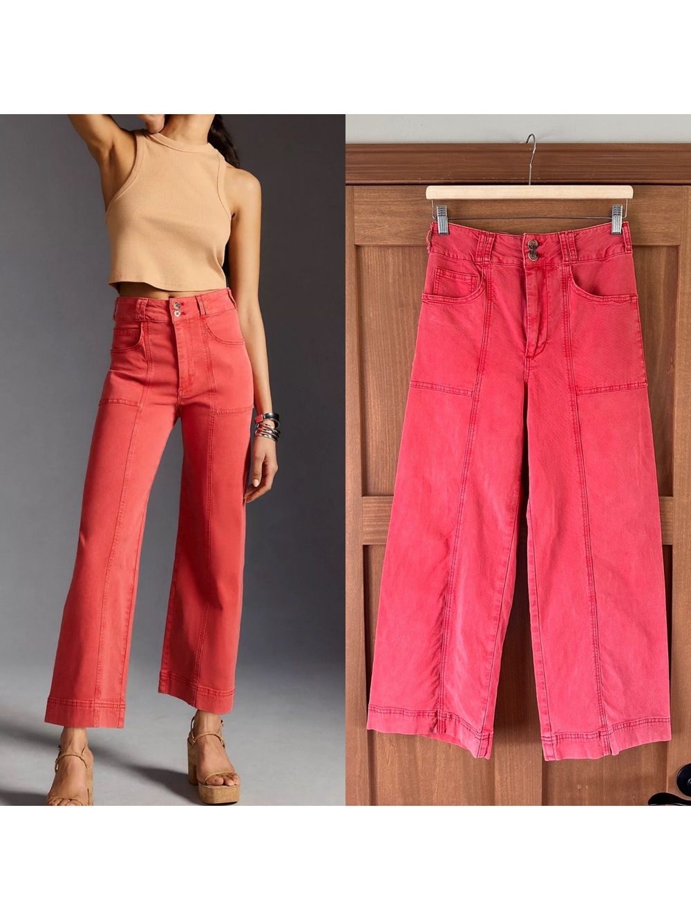 Pilcro Anthropologie High-Rise Seamed Wide Leg Pants Coral Red Women’s size 28